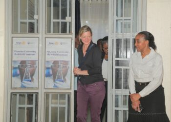 Jessica Bueltmann and District 9214 Governor Elect Christine Kyeyune Kawooya, while at Nkumba University.