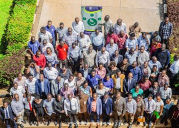 Academic staff pose for a group photo outside Mpanga library shortly after the training // Japheth Godwin Walakira
